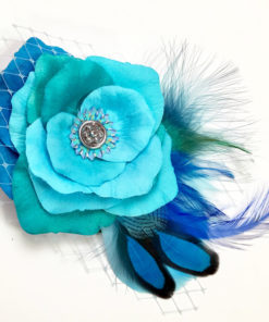 Turquoise Blue Rose Flower Feather Fascinator Hair Clip Accessory