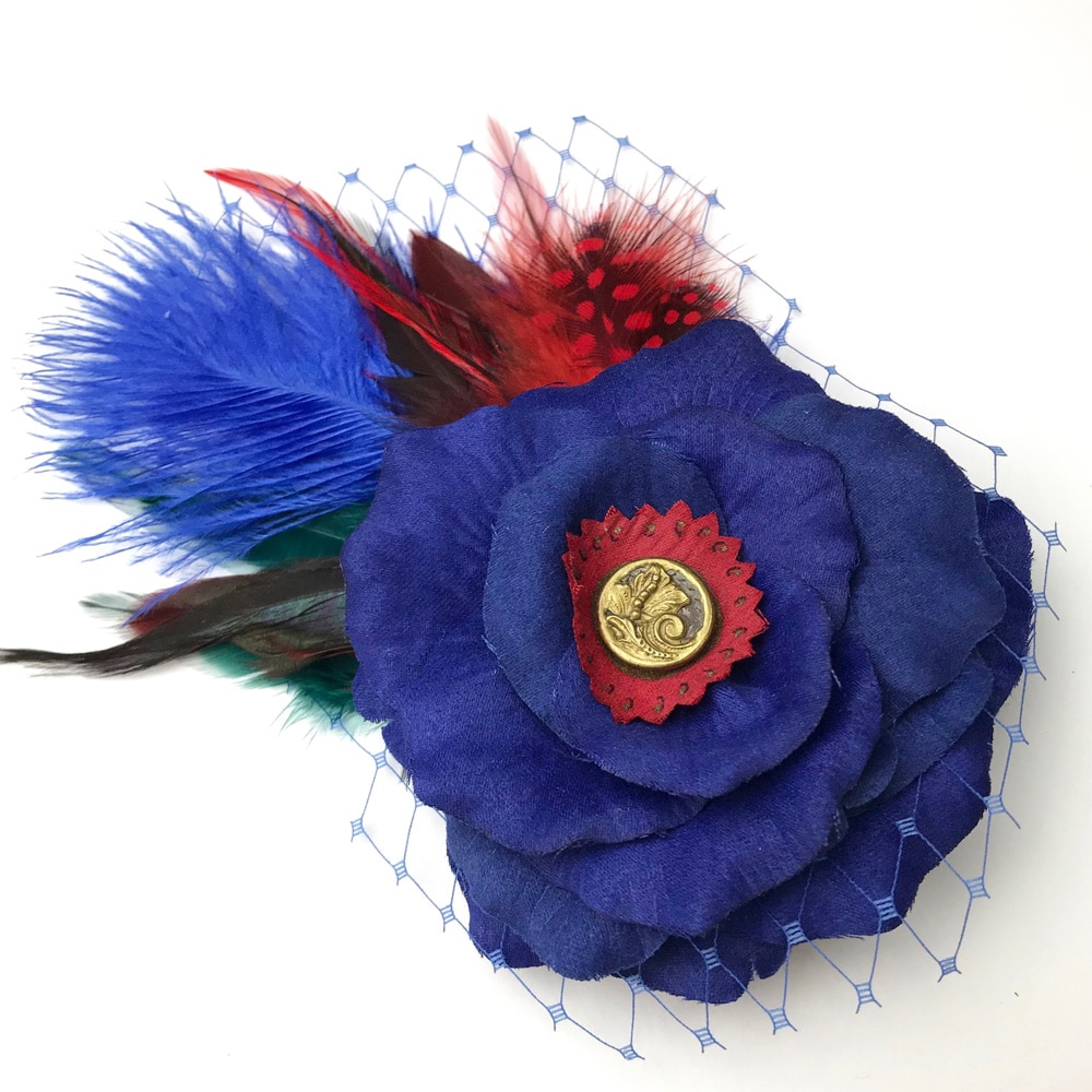 Dark Blue Red Rose Flower Feather Fascinator Hair Clip Accessory