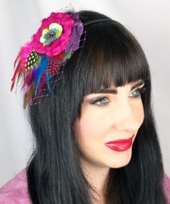 Hot Pink Rose Flower Feather Fascinator Hair Clip Accessory