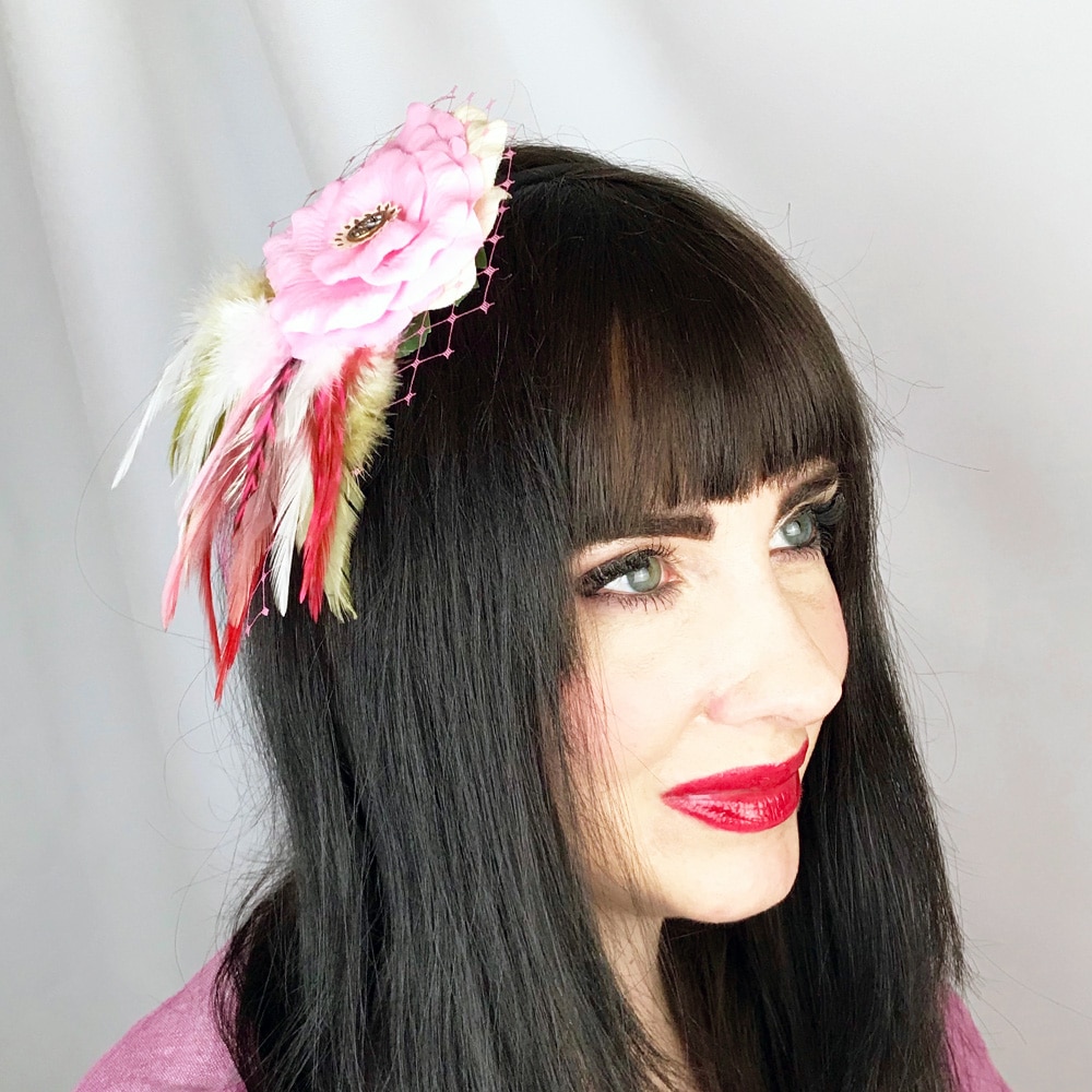 Pink Candy Rose Flower Feather Fascinator Hair Clip Accessory