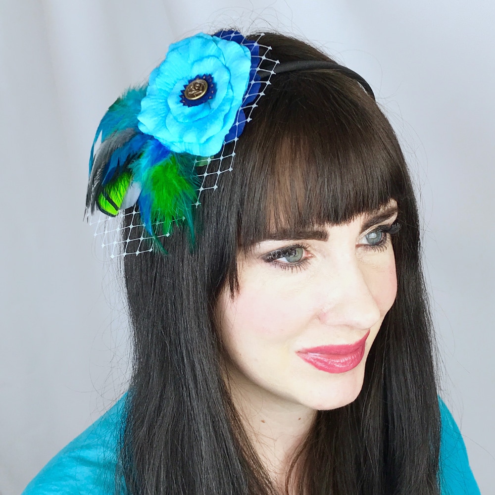 Turquoise Blue Rose Flower Green Feather Fascinator Clip Hair