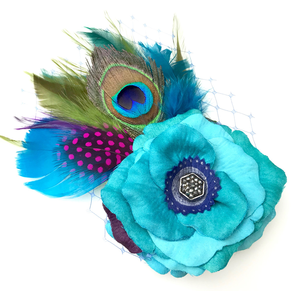 Turquoise Blue Rose Flower Peacock Feather Fascinator Clip Hair