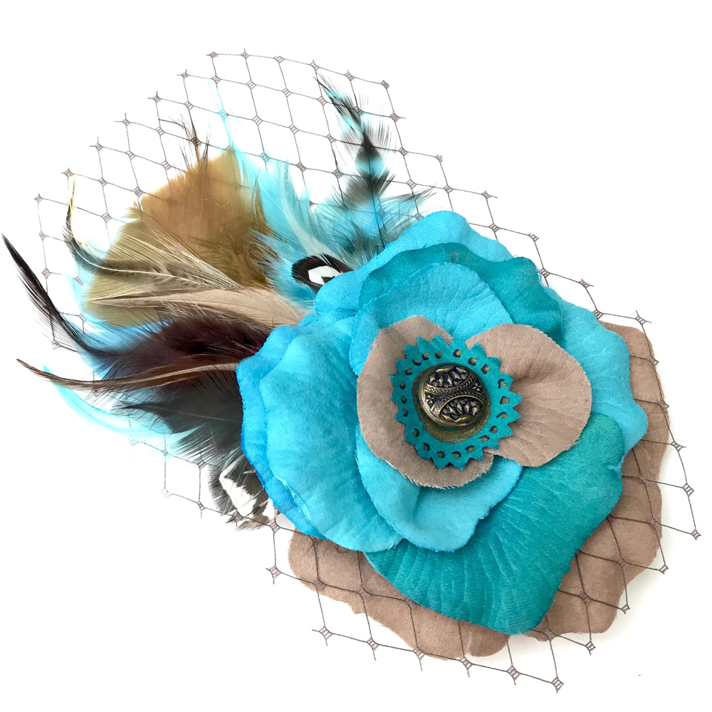 Turquoise Blue Tan Rose Flower Feather Fascinator Hair Clip