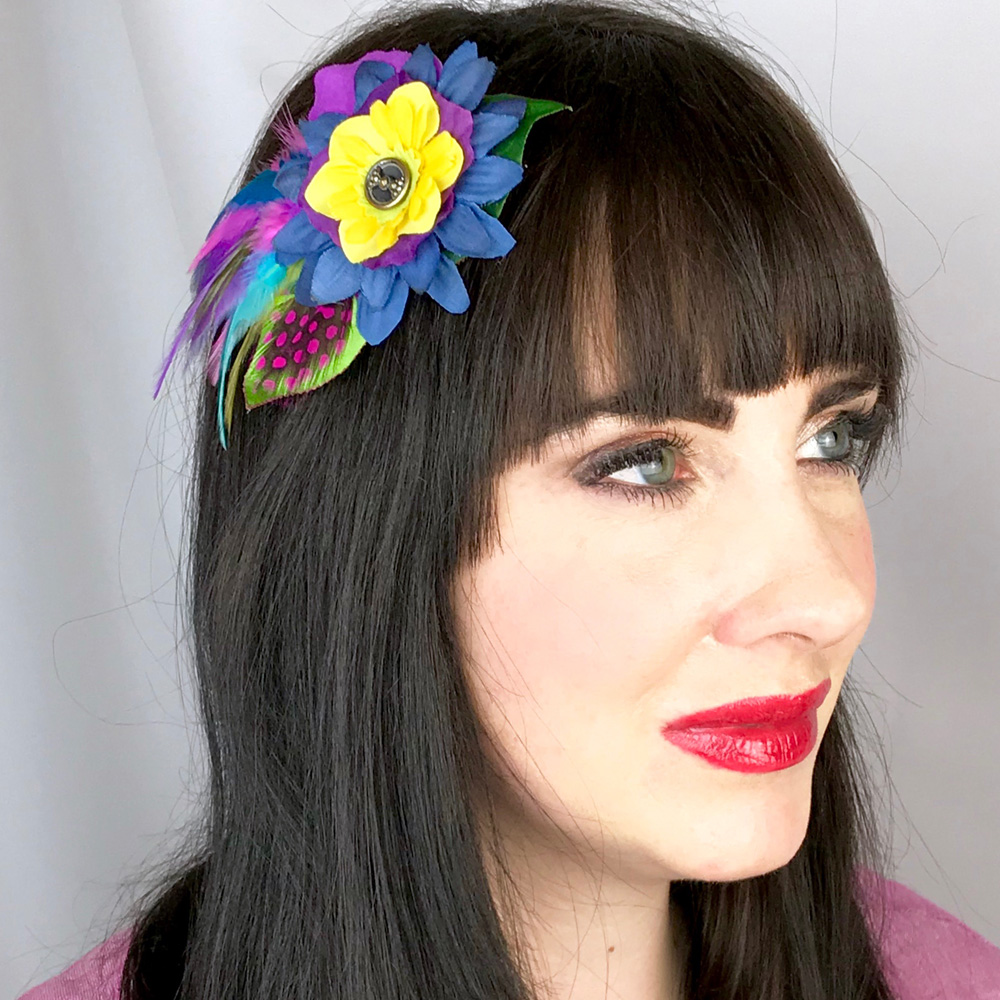 Yellow Blue Small Flower Feather Hair Fascinator Hair Clip